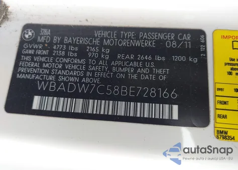 2011 BMW 328I из США, поврежденный, VIN WBADW7C58BE728166